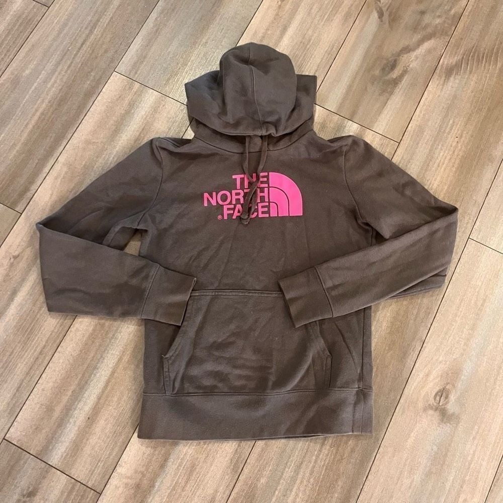 The North Face Womens XS Brown Pink Logo Pullover Hoodie Sweatshirt